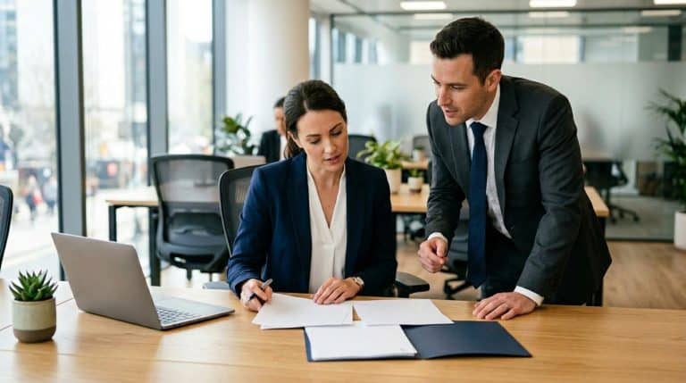 Deux professionnels discutent documents à bureau avec laptop