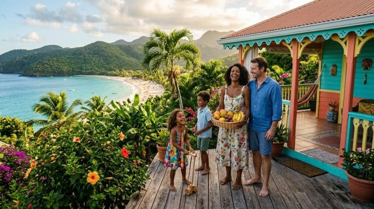 Famille heureuse sur terrasse avec vue plage turquoise