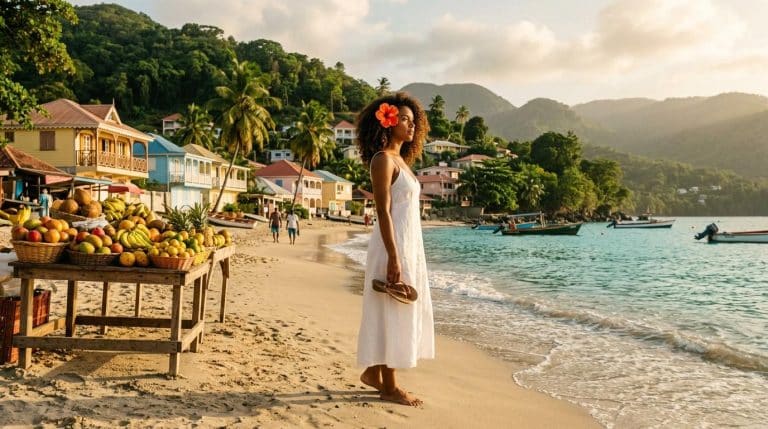 Femme en robe blanche sur plage de village côtier tropical