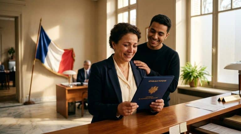 Femme recevant certificat de nationalité française à la mairie