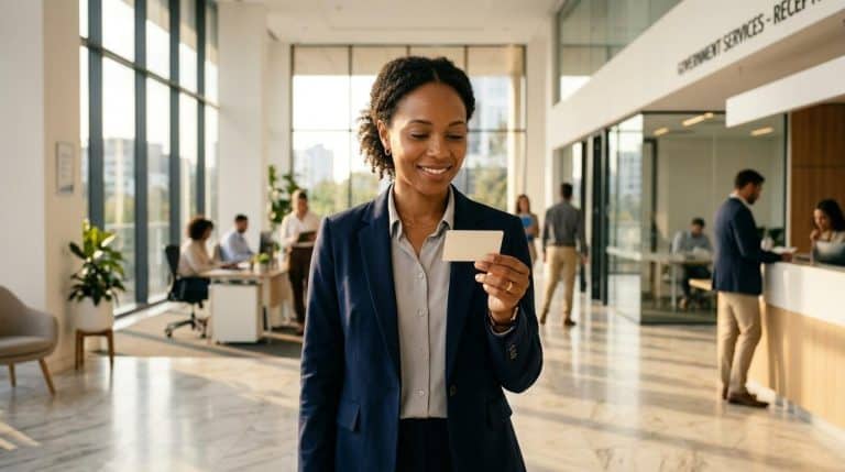 Femme d'affaires en blazer bleu consultant appareil mobile