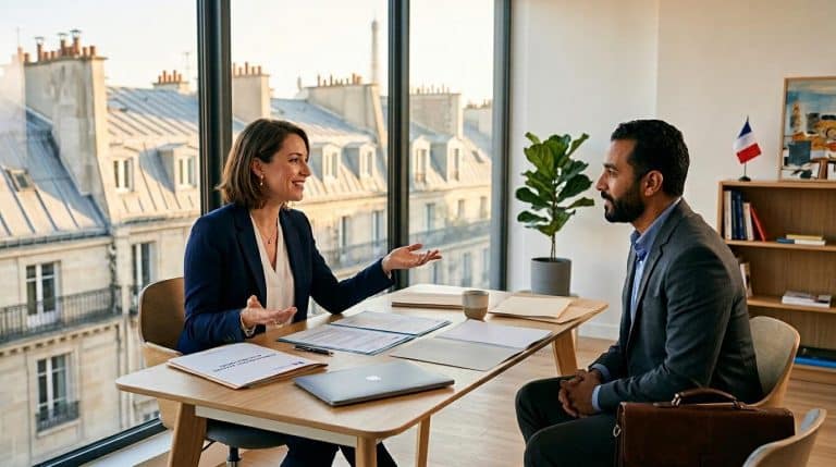 Deux professionnels en discussion dans un bureau parisien