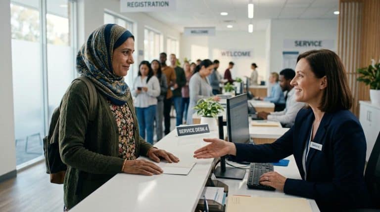 Femme à un bureau d'accueil conversant avec une employée souriante