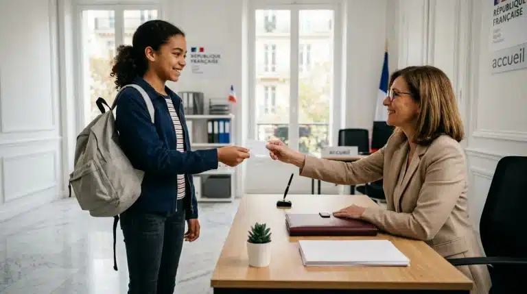 Femme officielle remet un document à une jeune fille souriante