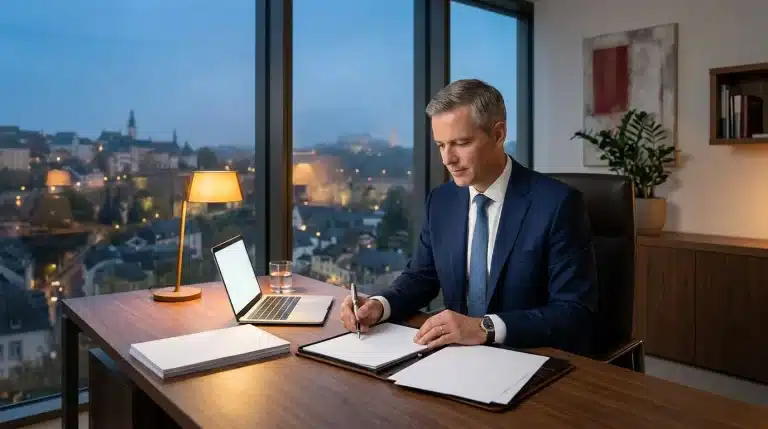 Homme d'affaires écrivant à son bureau avec vue panoramique