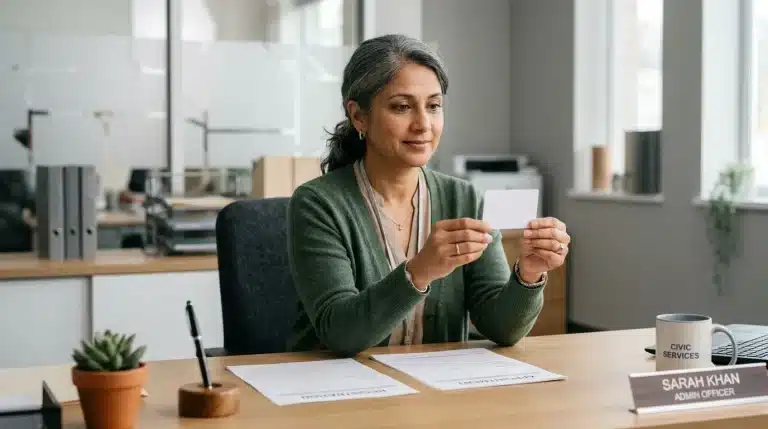 Femme présentant un document blanc dans un bureau moderne