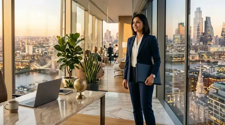 Femme en costume bleu dans bureau haut étage avec vue ville