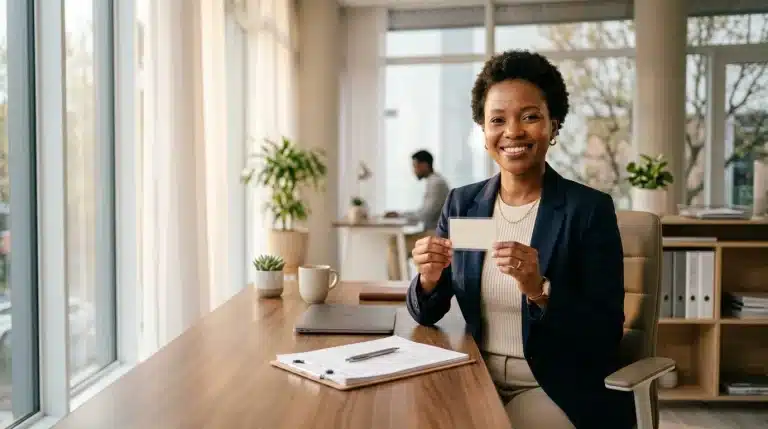 Femme souriante en blazer tenant une carte de visite au bureau