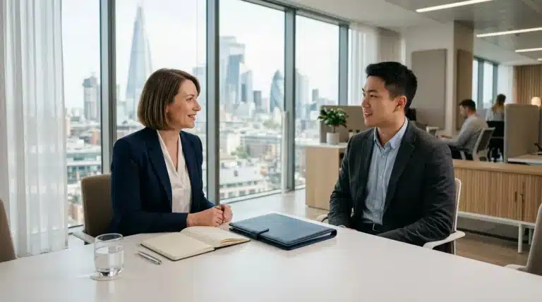 Deux professionnels discutent à une table avec vue sur la ville