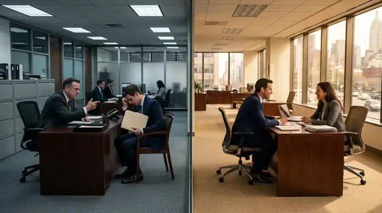 Deux scènes de réunions d'affaires dans des bureaux contemporains.