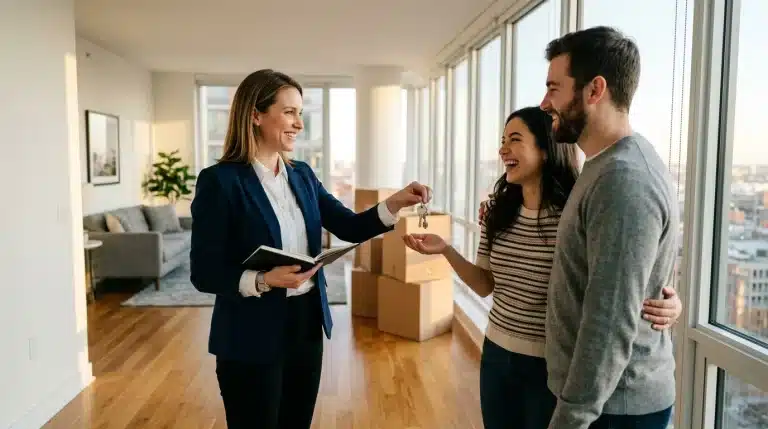 Femme agent immobilier remettant clés à couple heureux dans appartement