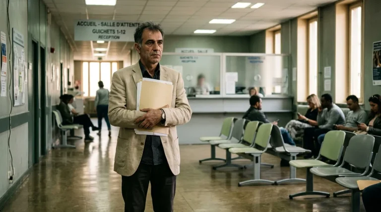 Homme en costume tenant un dossier dans une salle d'attente