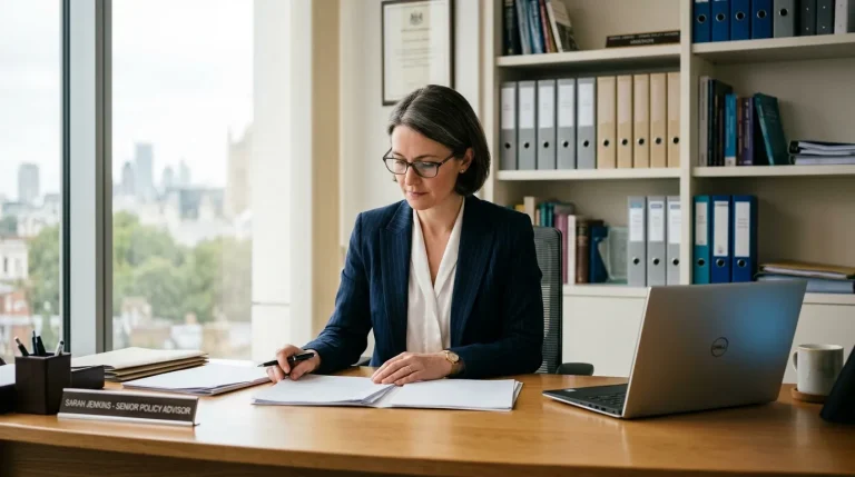 Femme en costume travaillant à son bureau avec ordinateur portable