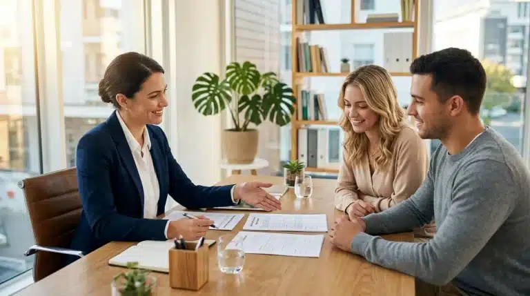 Femme en costume bleu interviewant couple au bureau