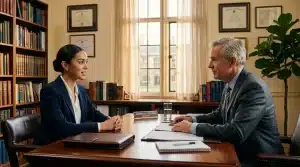 Deux professionnels en discussion dans un bureau élégant