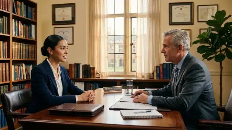 Deux professionnels en discussion dans un bureau élégant