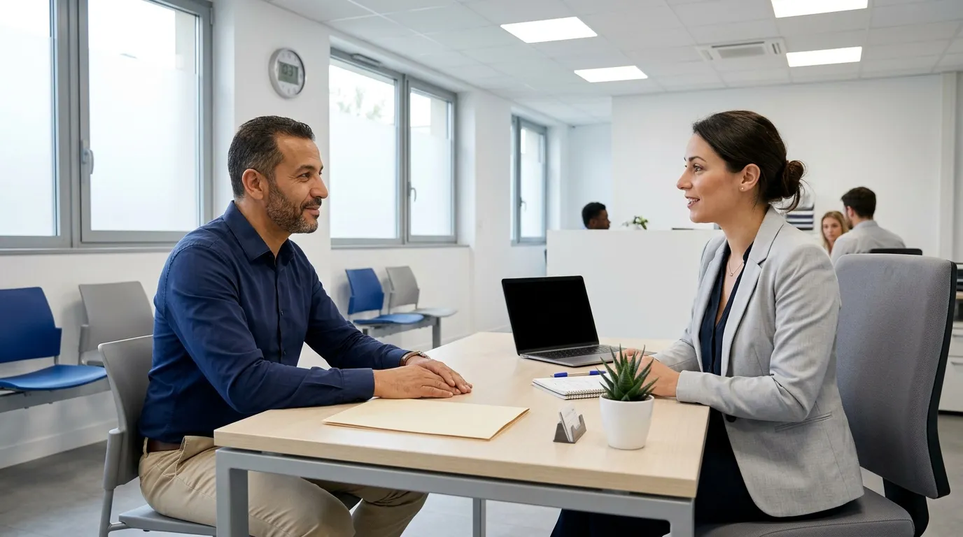 Deux professionnels en discussion à une table de bureau