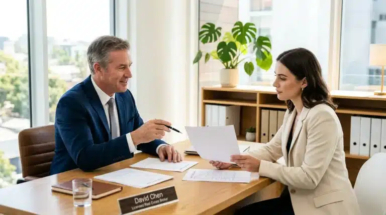 Deux professionnels discutent documents à table