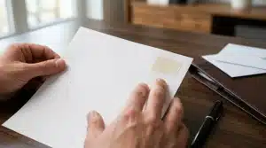 Personne tenant une enveloppe blanche avec timbre sur bureau