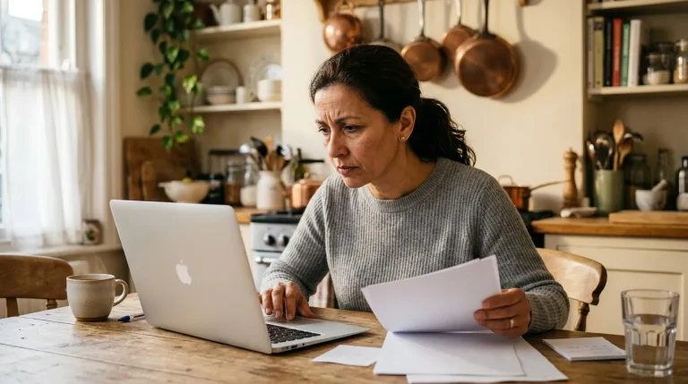 Femme concentrée examine des documents près de son laptop en cuisine