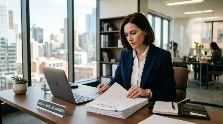 Femme cadre travaillant sur documents et ordinateur portable