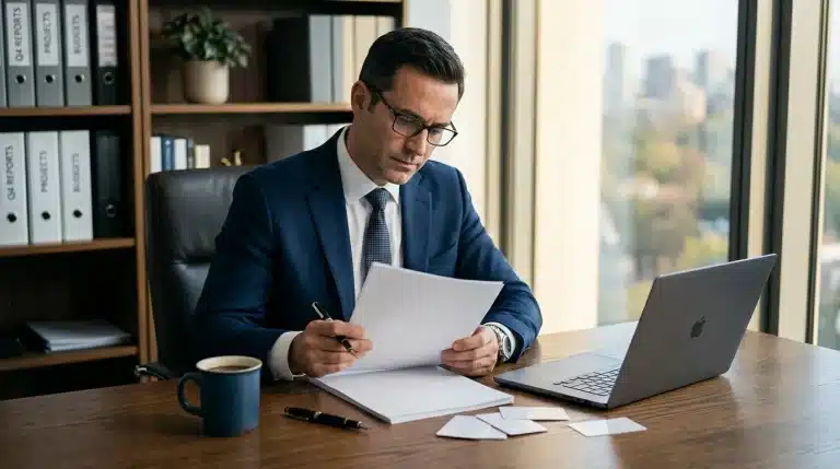 Professionnel en costume lisant des documents à son bureau