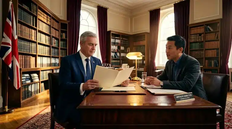 Deux hommes en discussion dans une bibliothèque officielle britannique
