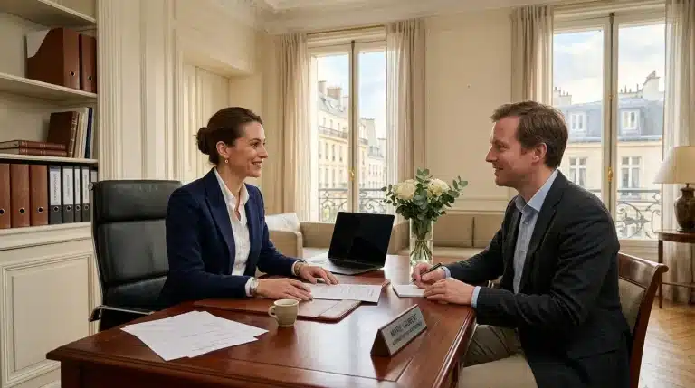 Deux professionnels en discussion dans un bureau parisien élégant